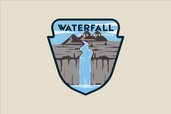 Waterfall at Mountains Emblem Vector Graphics